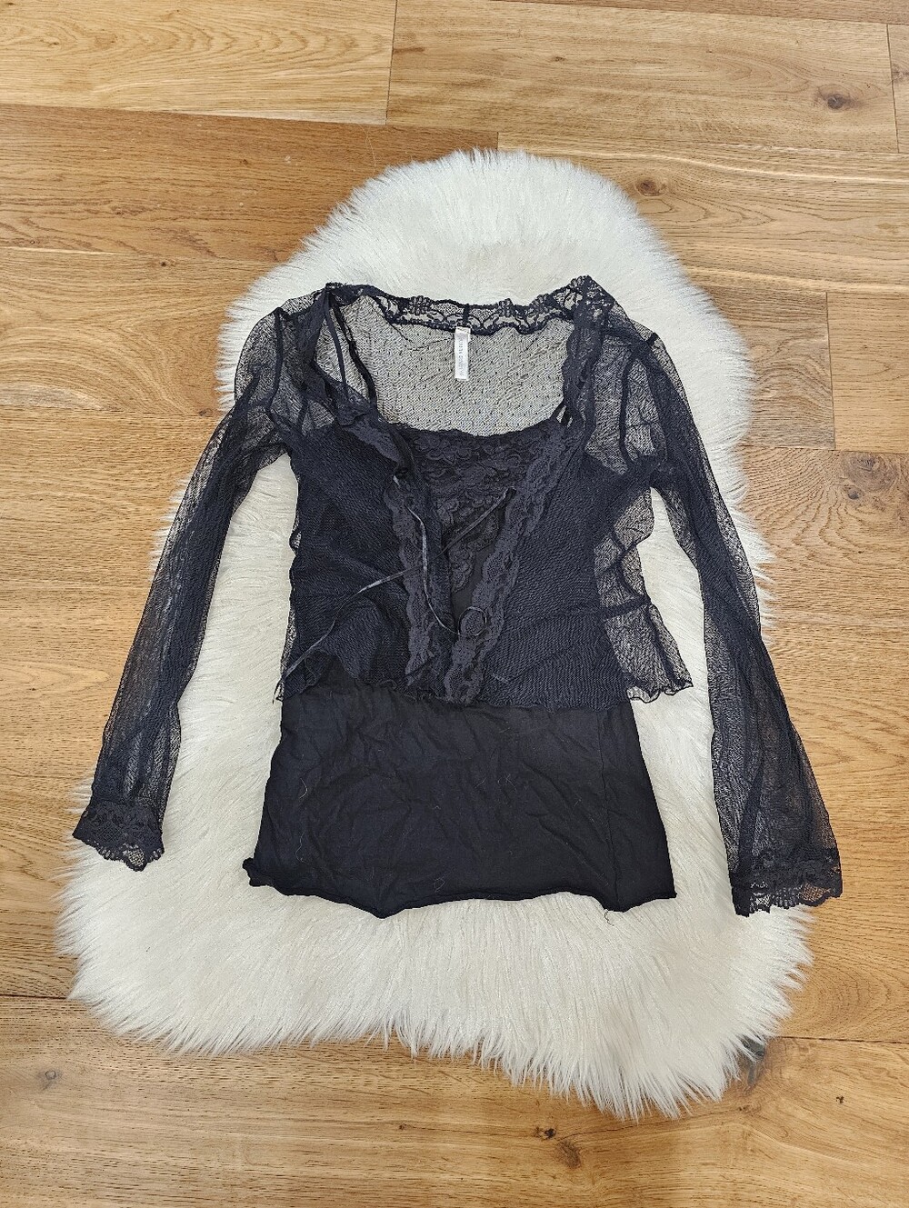 Black Lace Sheer Long-Sleeve Women's Top And Lace Cami Set